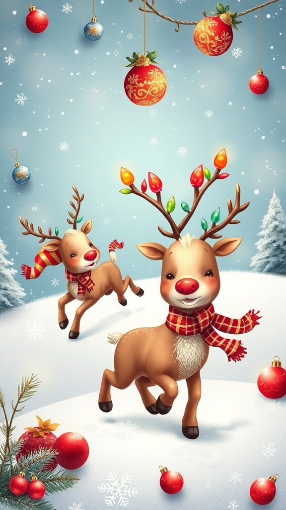 Cute reindeer in a snowy Christmas setting, surrounded by stars and ornaments.
